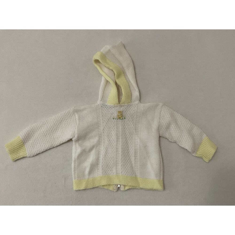 VTG Julius Berger Baby Blanket White Acrylic Yellow Bear Back Zip Weave